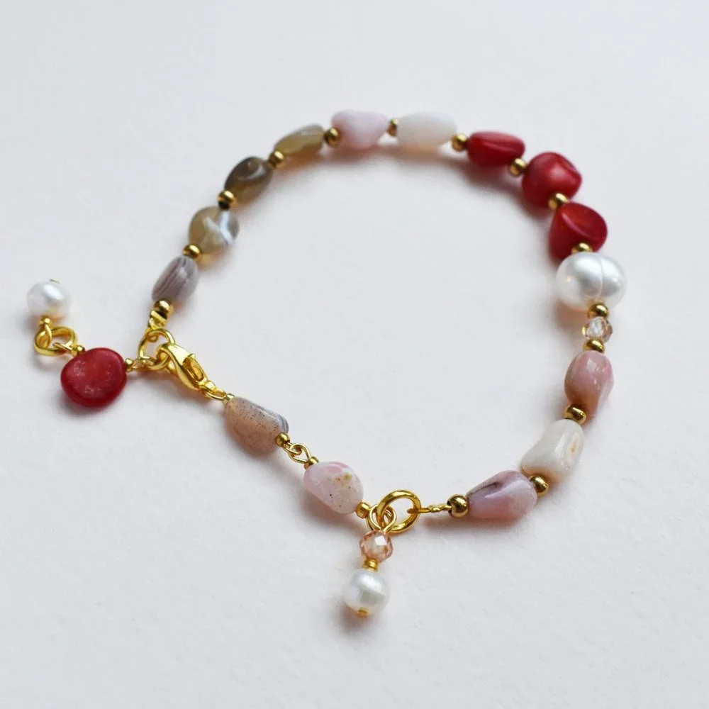 Mismatched beaded bracelet, red coral and pearl bracelet handmade